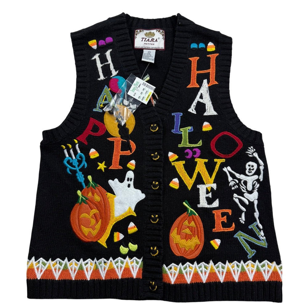 VTG Tiara Petites Vintage Halloween Sweater Vest Black Embroidered NWT PS